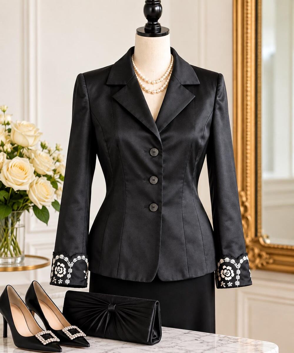 Kay Unger New York Black Satin Blazer Size 4 NWT Embroidered Cuff Evening Jacket